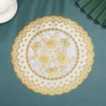 مفرش طاولة دائري مطرز باللون الذهبي بتصميم زهور وفراشات (Round Embroidered Table Mat / Doily).