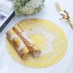 ⁦مفرش طاولة دائري مطرز باللون الذهبي بتصميم زهور وفراشات (Round Embroidered Table Mat / Doily).⁩ - الصورة ⁦2⁩