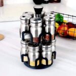 حامل توابل دوار مع برطمانات زجاجية ذات أغطية ستانلس ستيل (Rotating Spice Rack Organizer with Glass Jars).